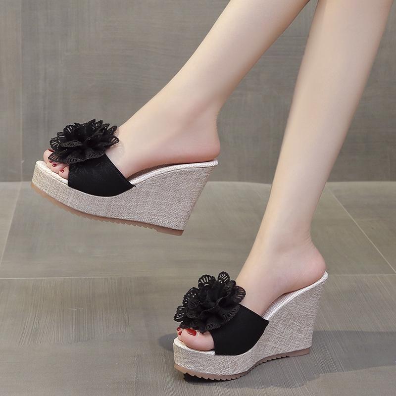 Mode Elegant Blume Mesh Dicke Sohle Keilabsatz Lässige Sandalen 2024 Bequeme und Sexy Damen High Heels Neue Vielseitige Trendschuhe