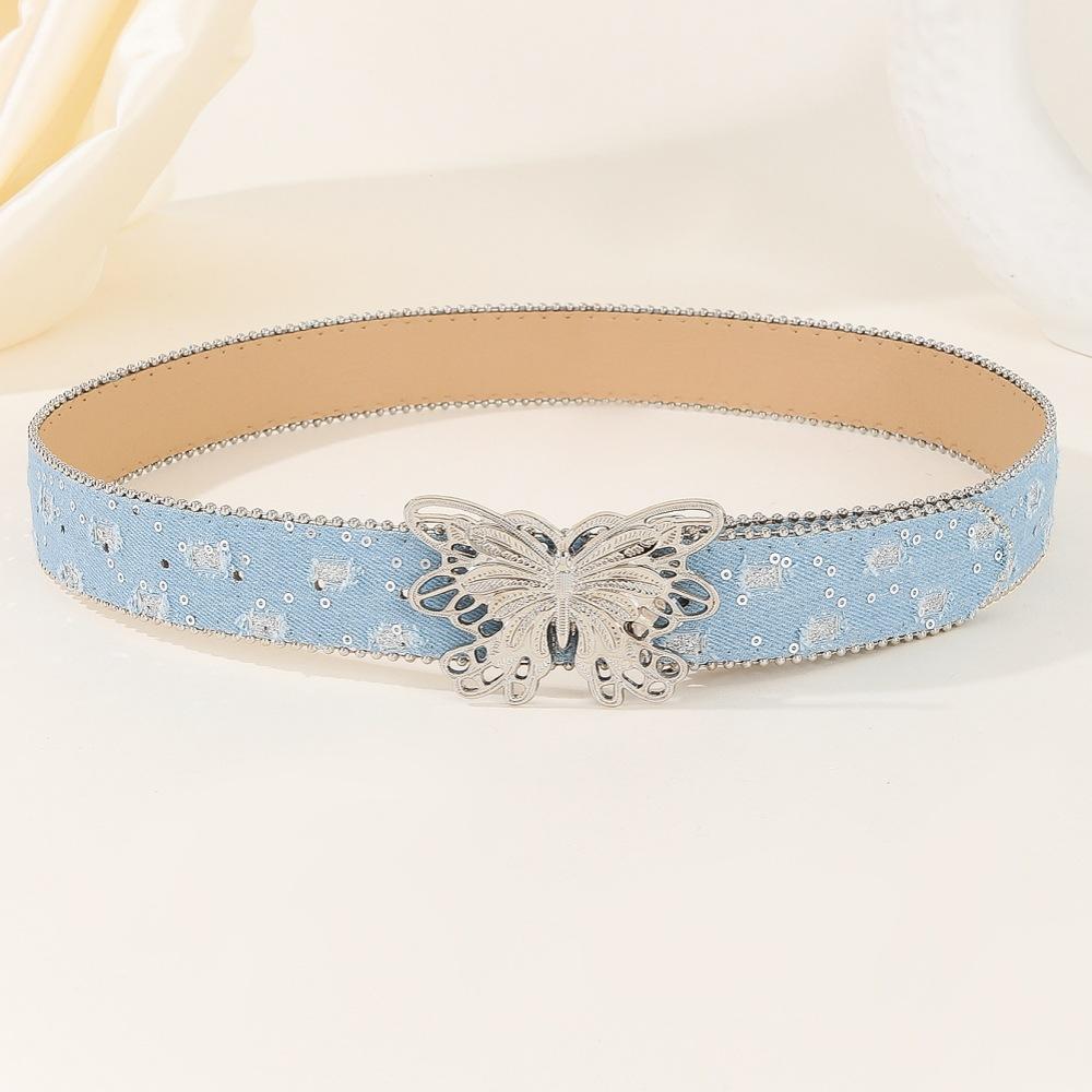Women's Fashion Versatile Denim Belt with Butterfly Light Blue 3.8cm Wide