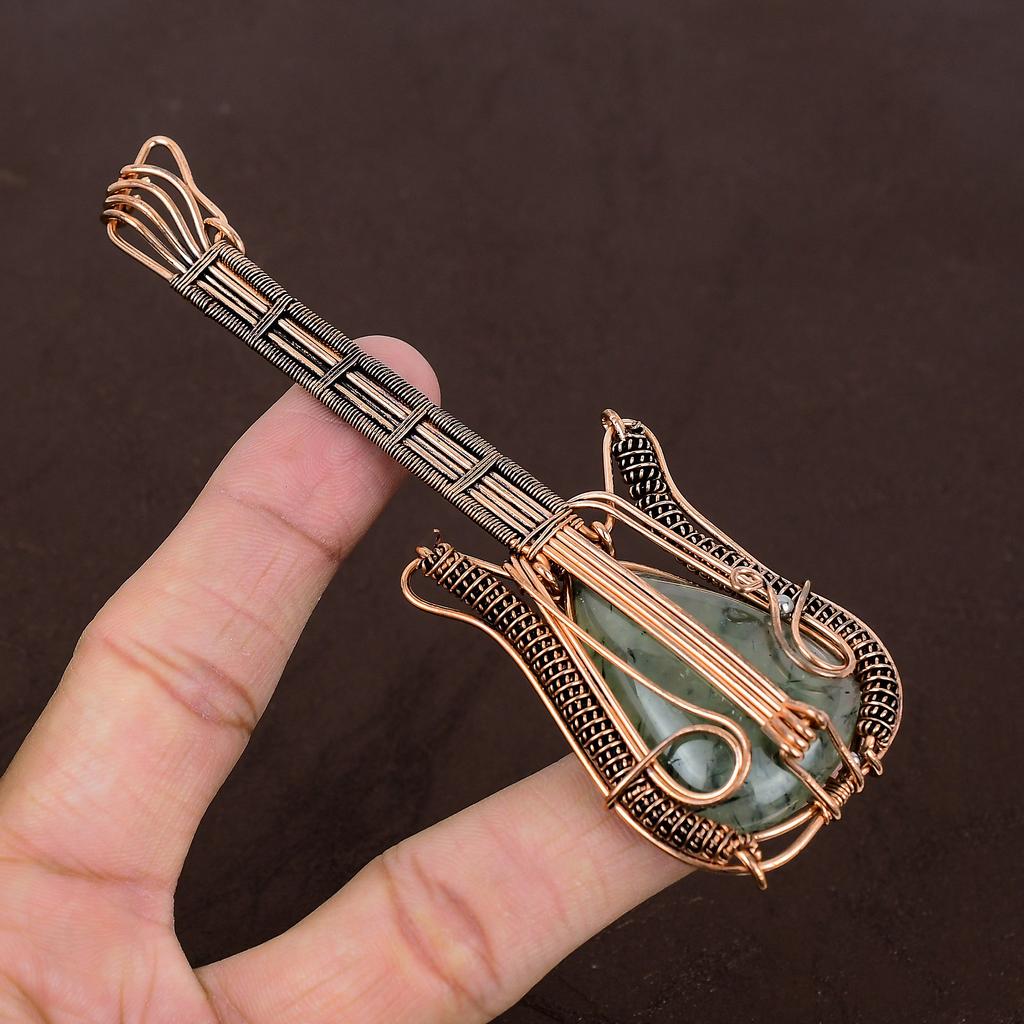 Moss Prehnite Handmade Copper Wire Wrap Guitar Pendant 4.53" L4Q94