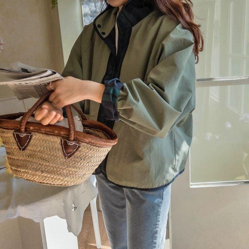 Women's Versatile Reversible Plaid Short Jacket - Korean Style, Spring/Autumn 2025, Loose Fit, Small Size Trench Coat