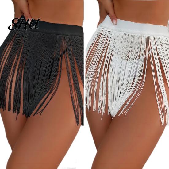 Softness Tassel Strap Skirt Women Sexy Beach High Waist Tassels Summer Quick Drying Solid Color Fringe Mini Party Costume Clubwear Short