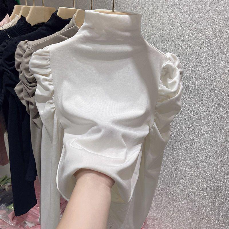 

2024 Trendy Women s Bubble Sleeve Semi-High Neck Long Sleeve Top L білий