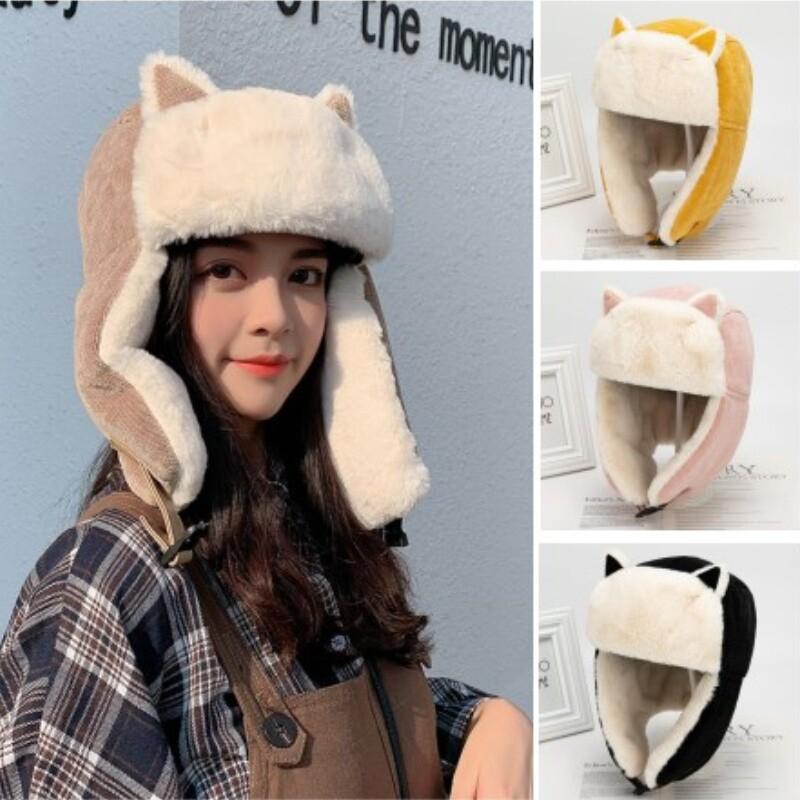 Women Earflap Cap Ushanka Trapper Hat Cat Ear Faux Fur Fluffy Windproof Warm Hat