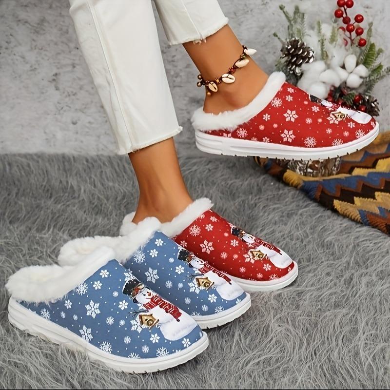 Women's Christmas Limited Edition Red Snowman & Snowflake Slip-On Loafers - Cozy Winter Fabric Slippers with Non-Slip Rubber Sole, Festive Holiday