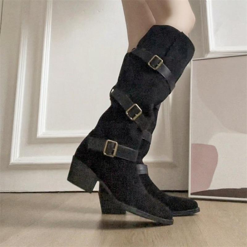 

Sleeve Boots Autumn and Winter New Round Toe Suede Buckle Soft Sole Non-slip Wear-resistant Block Heel Shoes 40
