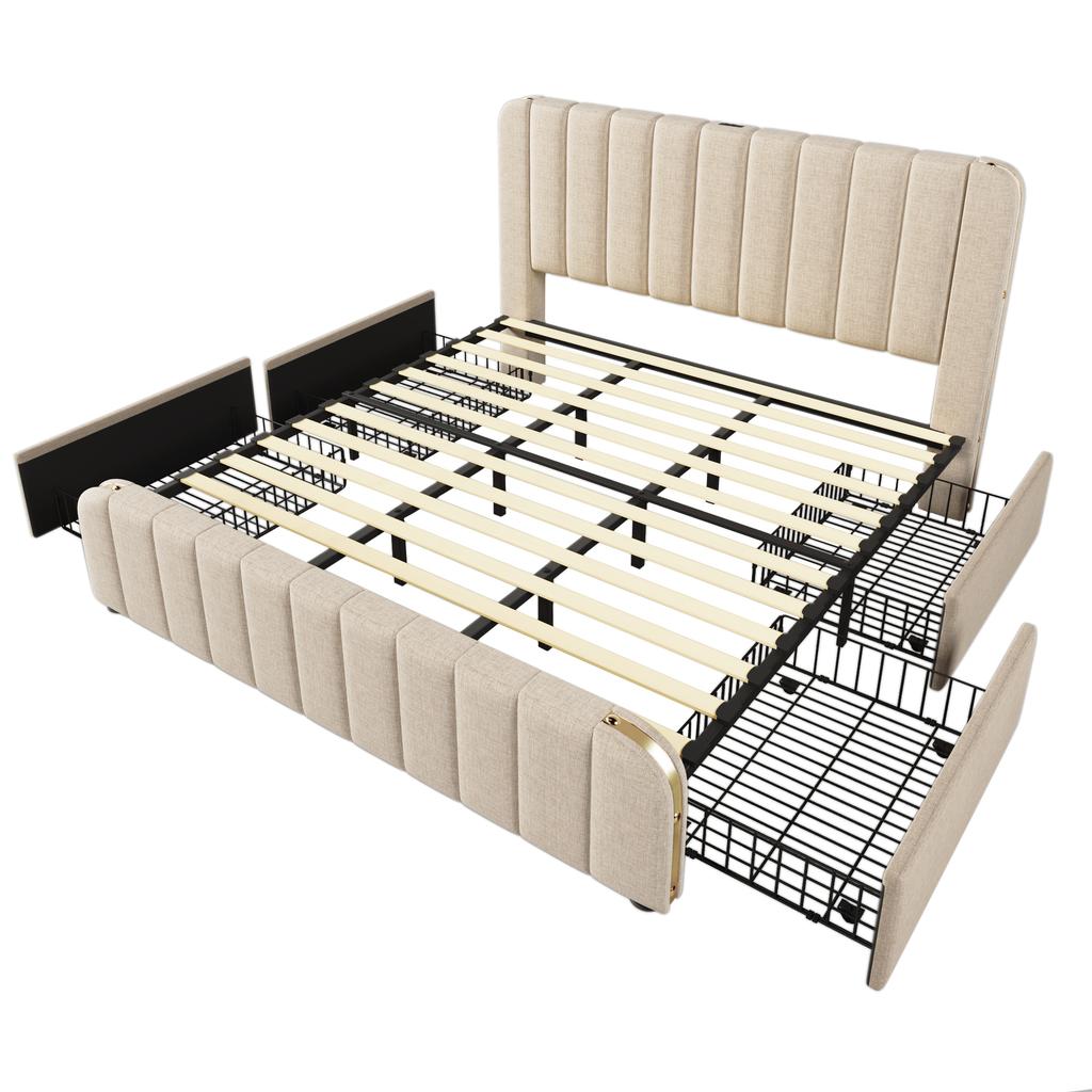 Upholstered Bed, Double Headboard, Golden Stripes, USB Type-C Charging 180*200 cm, Beige Linen with 4 Drawers, Capacity 226 kg (Without Mattress)