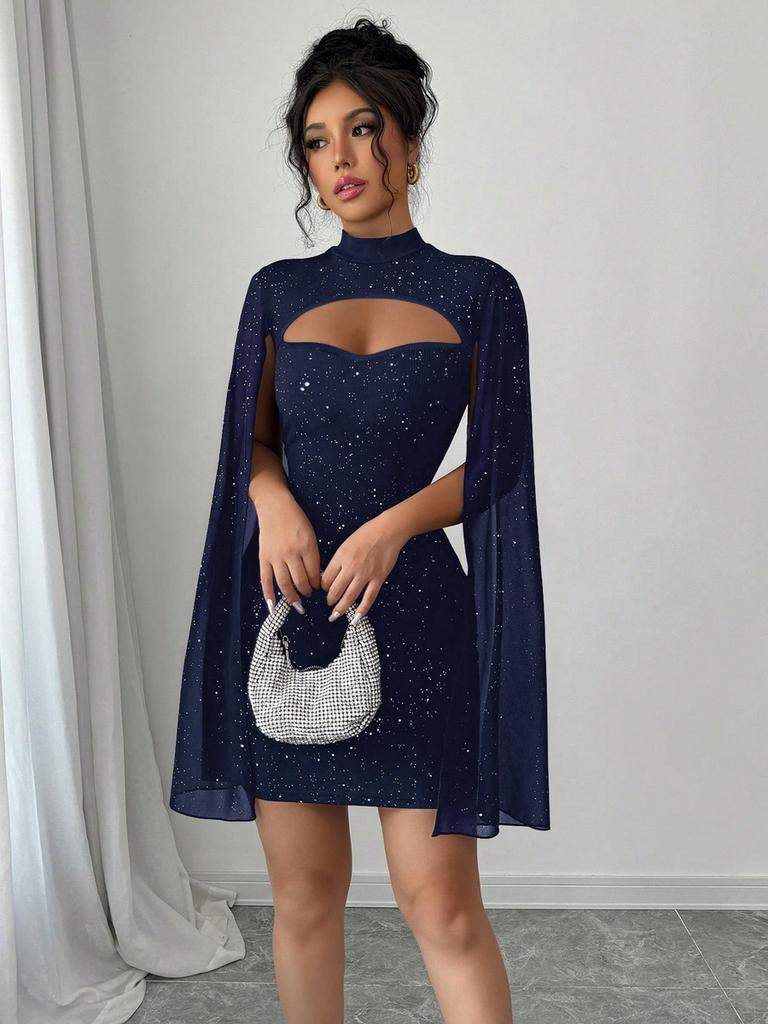 Women's Round Neck Hole Striped Pearl Mesh Cape Bodycon Dress