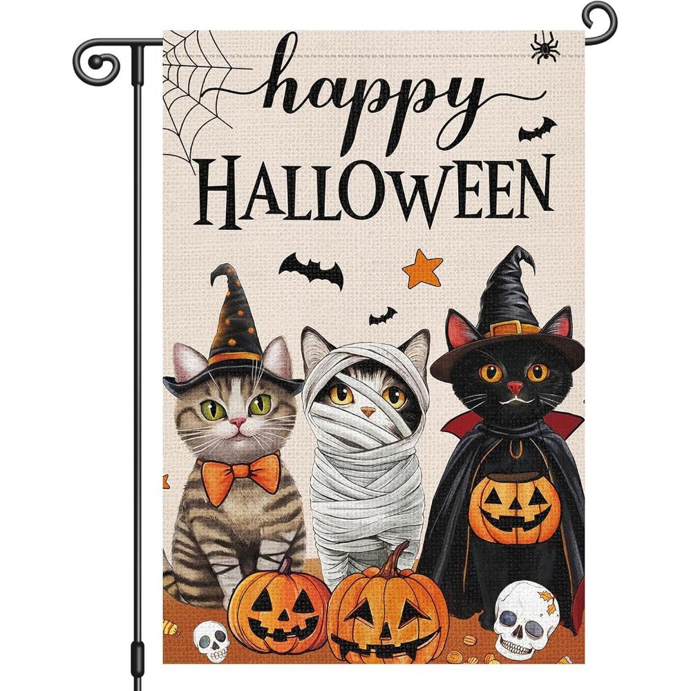 2D Flat Print Halloween Garden Flag Single Sided Haunted House Pumpkin Black Cat Cloth Spooky Polyester Halloween Outdoor Banner