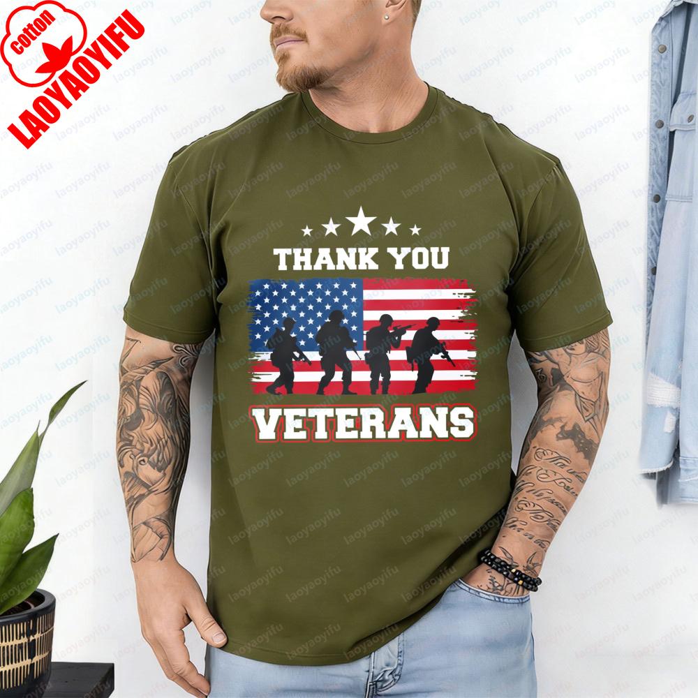 Thank You Veterans Tops America Flag Soldier Silhouette Patriotic Casual Cotton Tee Trend Retro Independence Day T Shirt for Men