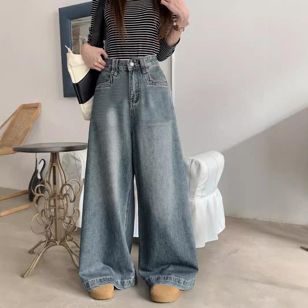 Women's High-Waisted Wide-Leg Denim Pants, Autumn/Winter 2024 Collection - Slim, Loose, Draped, Straight-Leg Design for Small Sizes.