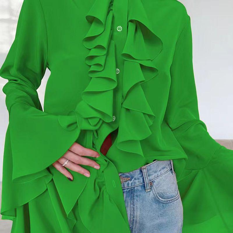 

European and American New Chiffon Design round Neck Bell Sleeve Frill Shirts Lotus Leaf Lace Shirt Green L
