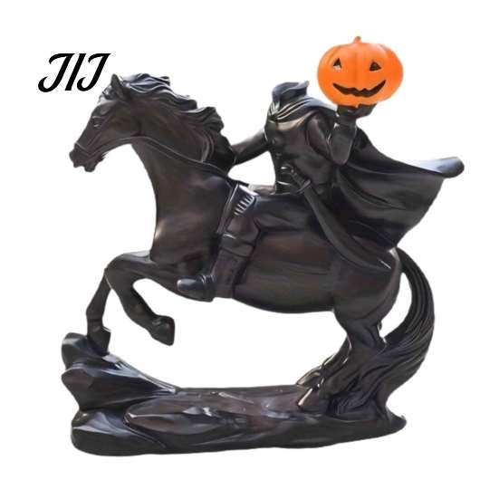 Reiter auf Pferd Statue Halloween Kopflose Statue, Gotischer Ritter Schwarz mit Verzierungen Kürbis Laterne, Gruselige Harz Festliche Dekoration für Haus Garten