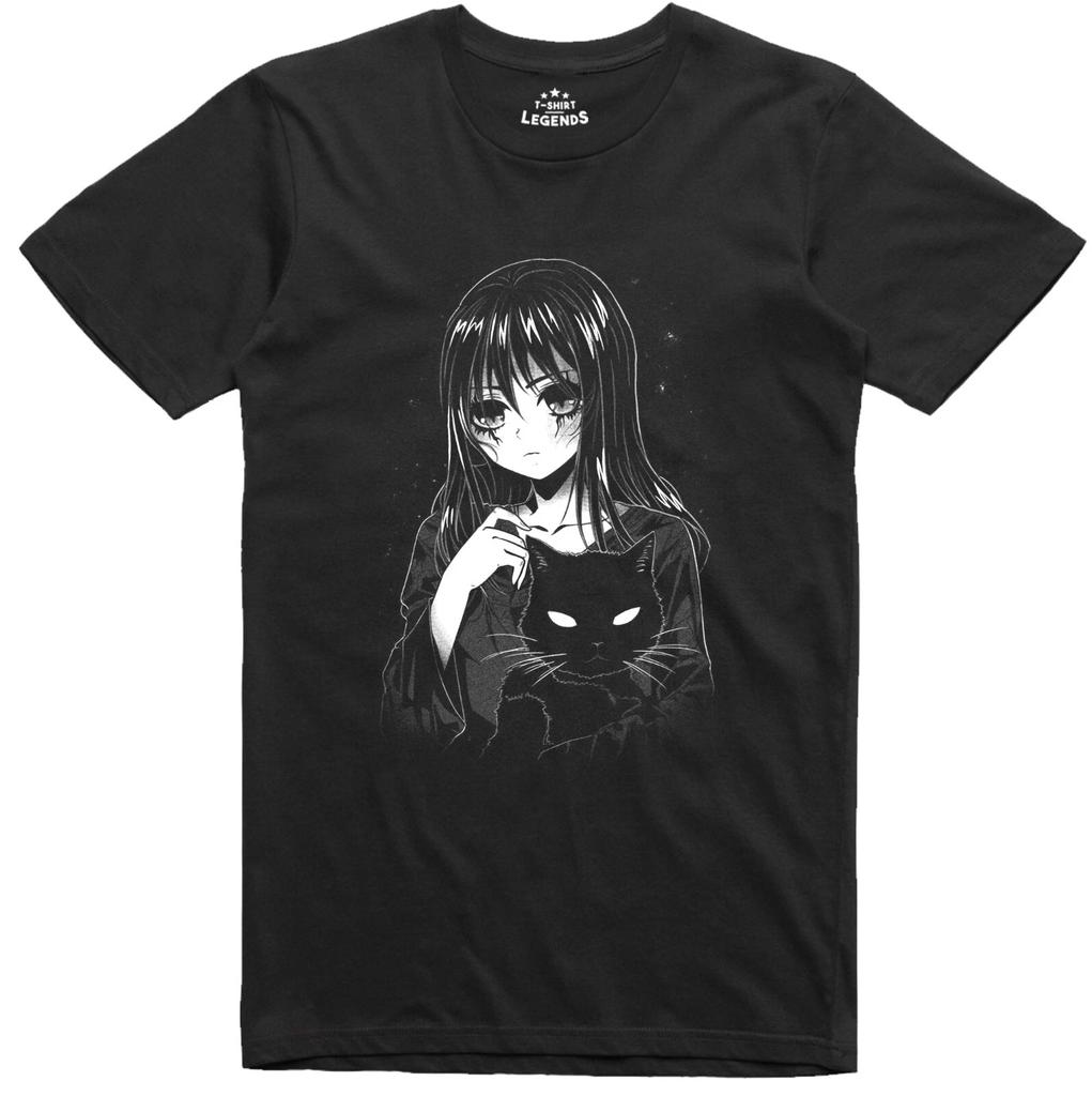 Anime Herr T-shirt Läskig Tjej och Katt Normal Passform Bomulls-T-shirt