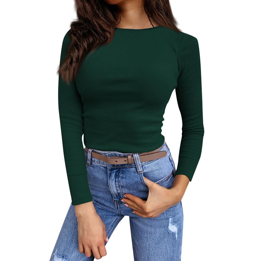 Women's Autumn And Winter Slim Bottom T-shirt Fashion Casual Solid Color Round Neck Pullover Long Sleeve Top