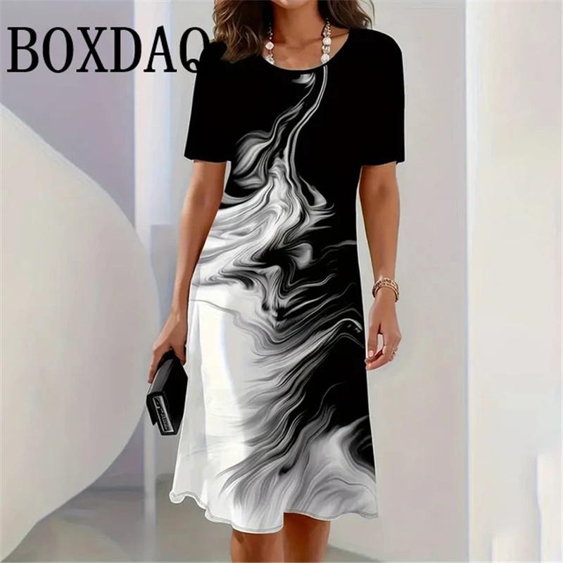 Lady New Dress 3D Printed Short Sleeve Mid-Length Dress Fashion Summer Autumn O-Neck Loose Vintage Dress Elegant Women Clothing