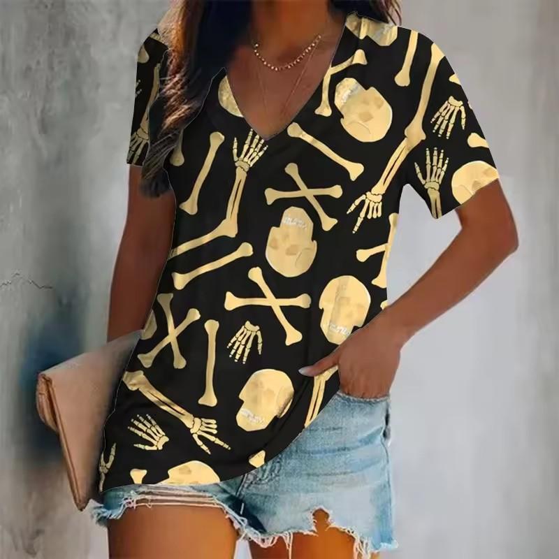Women's Short-Sleeved T-Shirt V-Neck 3d Printed Skull Pattern Oversized Women's Top Y2K Style Summer Casual T-Shirt
