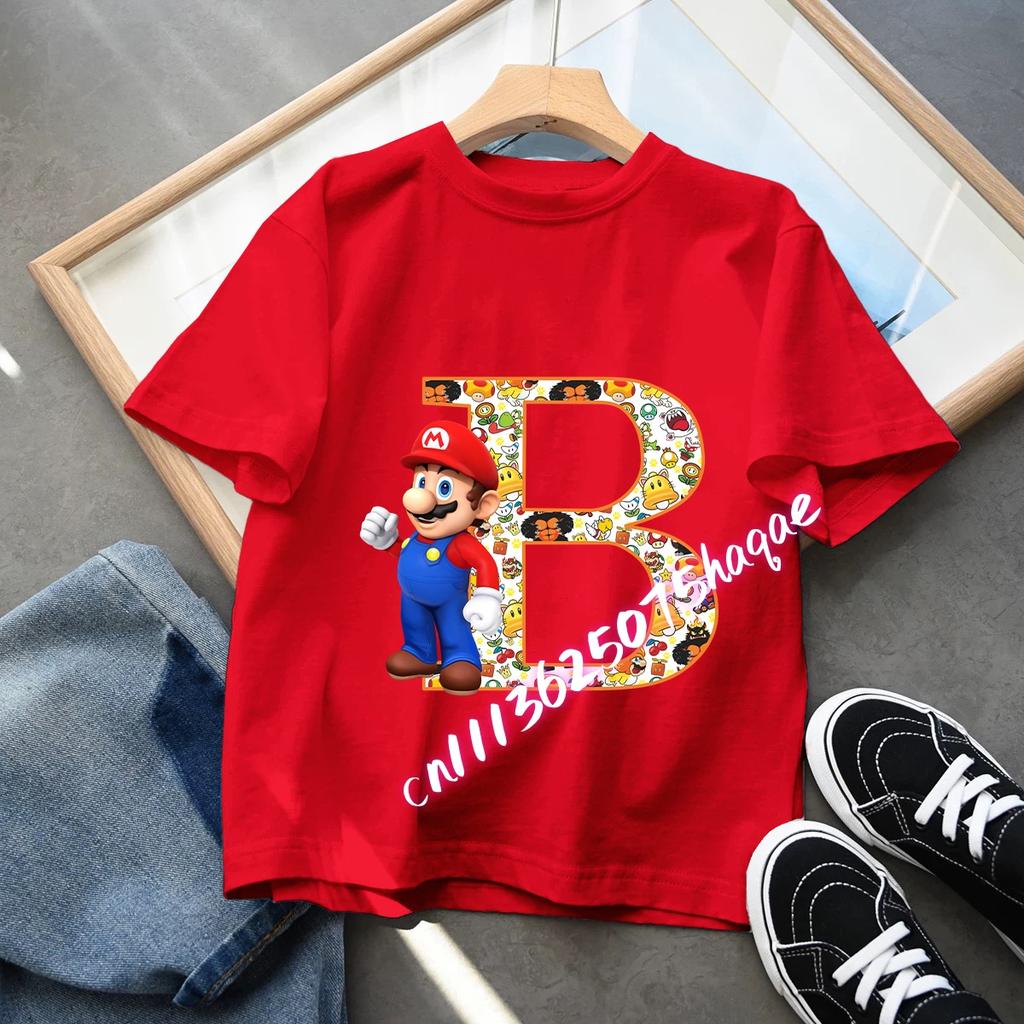 Super Mario Anime Birthday Lucky letter AZ Print T Shirt Cute Children Clothing Tops Toddler Tees Casual Clothes Tops Tees