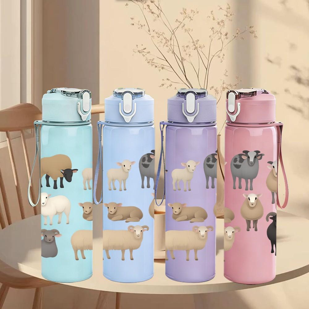 1PC Flock Farm Sheep Pattern 750ml Color Plastic Sports Water Bottle Leakproof Flip Straw Lid Suitable for Sports Office Home Use