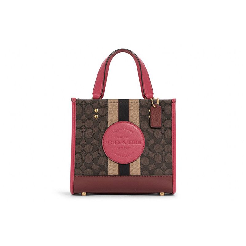 Coach Women's Dark/Brown/Red Dempsey 22 Classic Monogram Canvas And Leather Tote Bag Tote Bag - C7083-Imtn8