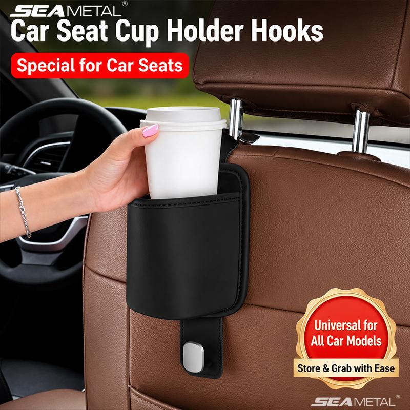 SEAMETAL Universal Car Seat Back Organizer Car Hanging Storage Bag PU Leather Waterproof Drink Holder Cup Holder with Hooks