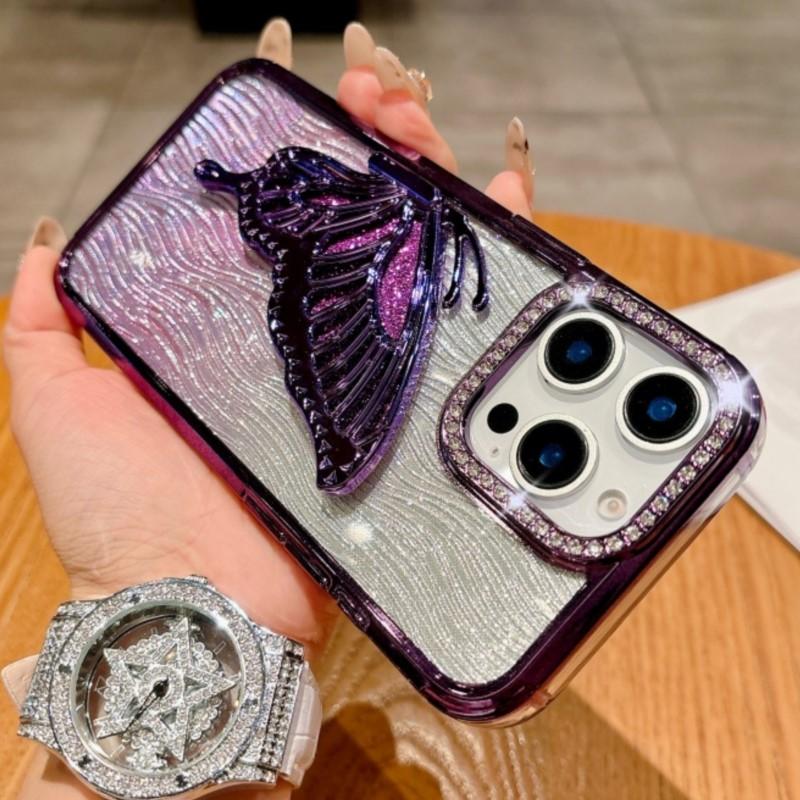 Capa Transparente com Suporte de Borboleta Bling de Luxo Para iPhone 16 Plus 15 14 13 12 Pro Max 11 Capa Diamantada Gradiente Brilhante com Galvanoplastia