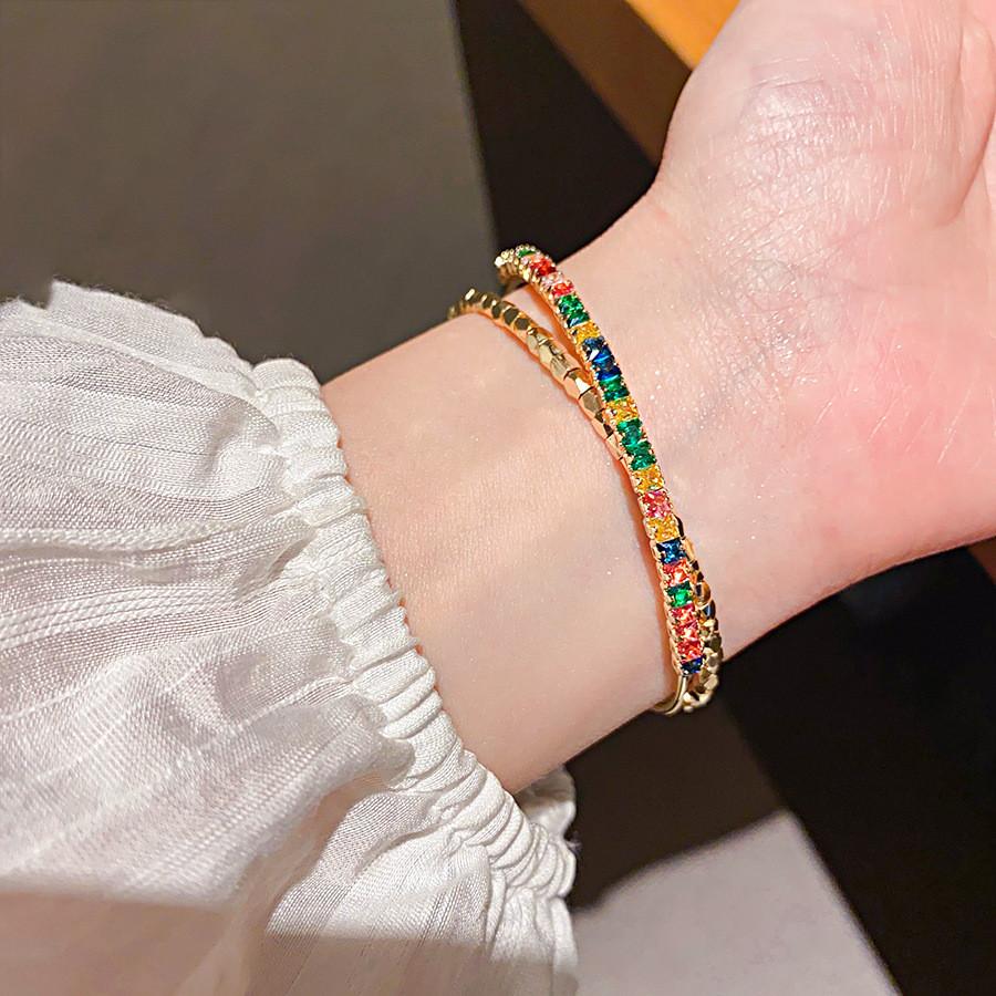 Geometric Zircon Metal Open Cuff Bracelet With Sparkling Stones For Women Fashion Jewelry