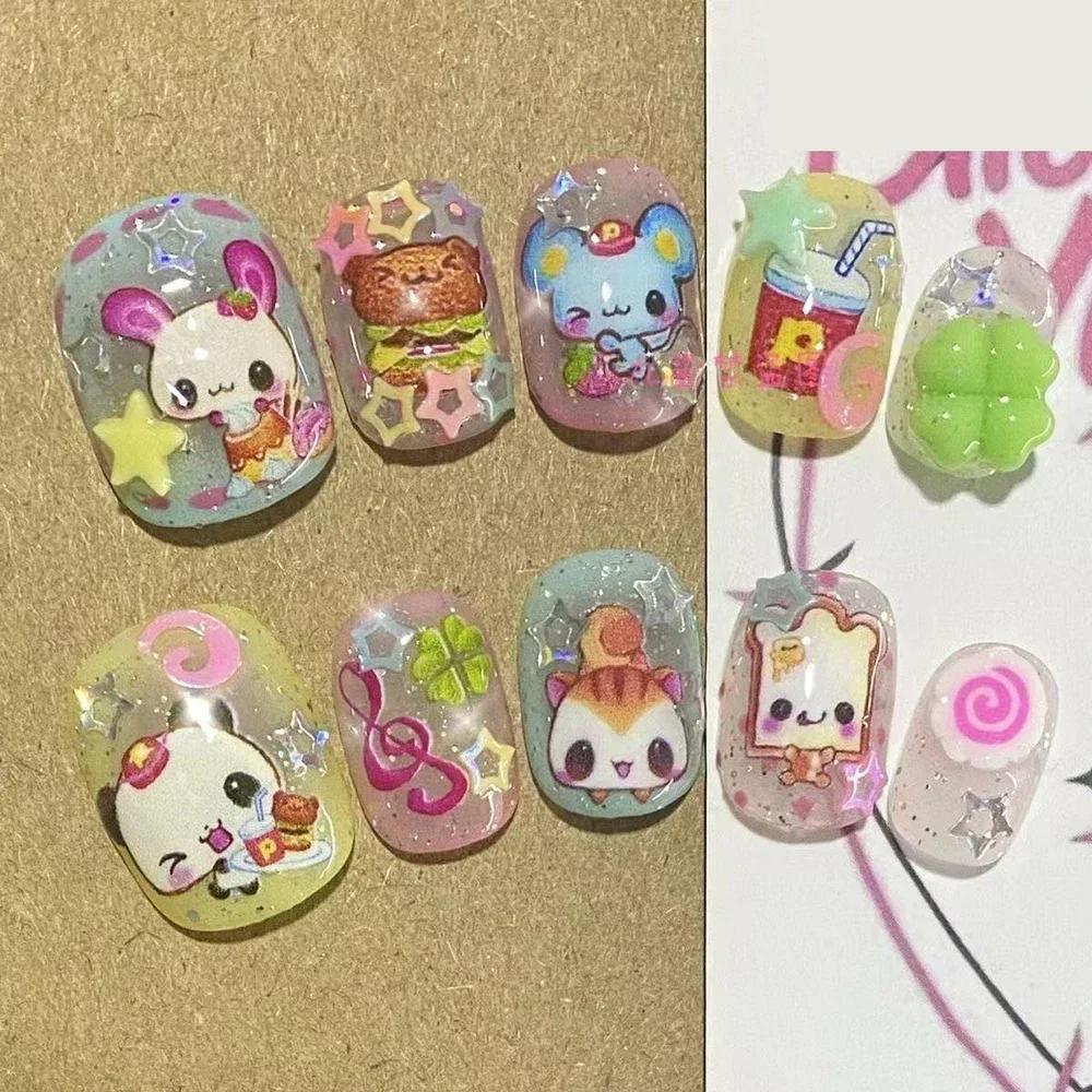 Kawaii Handmade Square Press On Nails Art Party Stickers Cute Flower Panda Bear Animal Custom Acrylic Fake Nails