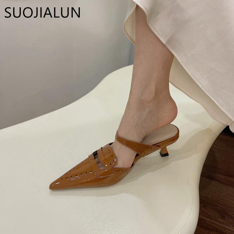 Fashion SUOJIALUN 2024 Spring New Brand Women Slipper fashion Pointed Toe Slip On Mules Shoes Thin High Heel Outdoor Dress Sandal Pumps