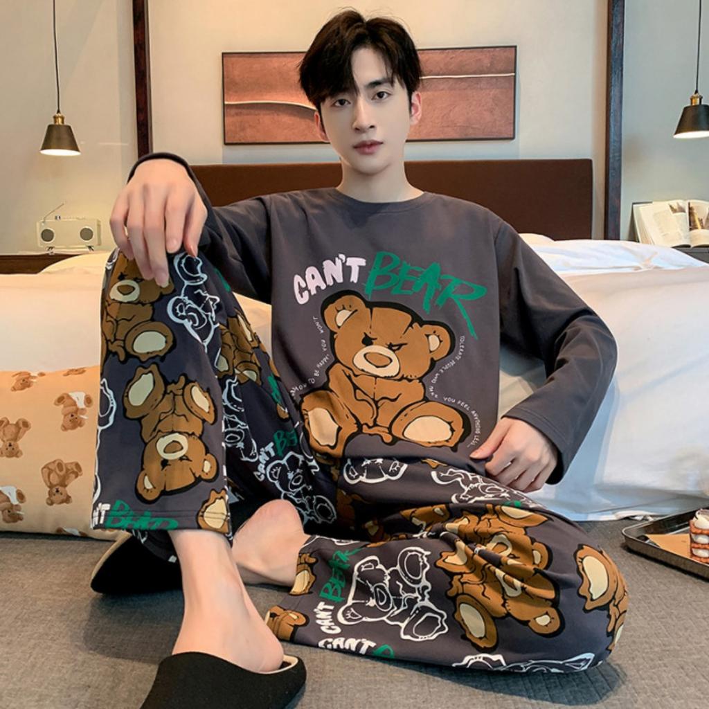 Pajamas Spring and Autumn Men's New Long Sleeve Outable Home Clothes Simple and Casual Large Set