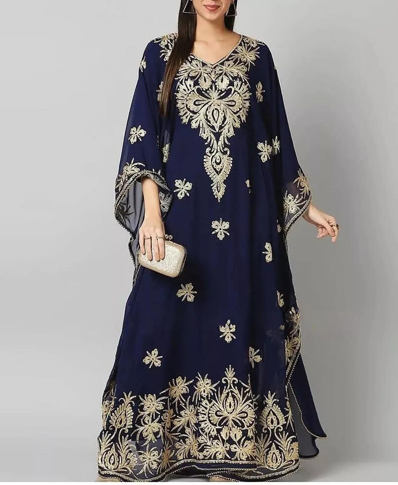 

Марокканское Дубай Фараша Кафтан Платье Абая Ручная работа Платье Исламское стильное длинное FREE SIZE темно-синий