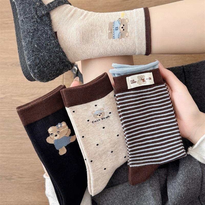 Female Spring and Autumn Polka Dot Striped Cartoon Bear Cloth Logo Collision Color Tube Pile Socks