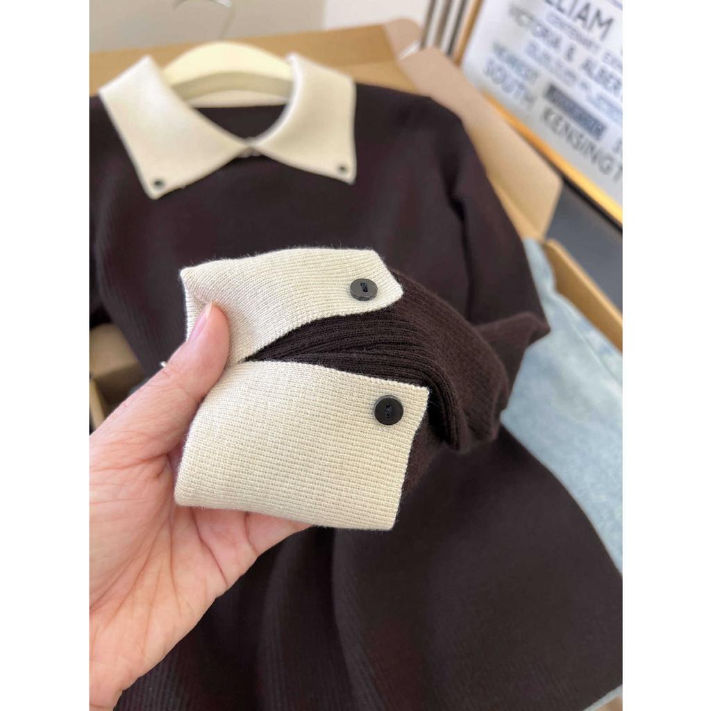 Maillard Coffee Lapel Bottom Top Women's Autumn and Winter Contrasting Olo Shirt Slim-fitting Versatile Commuter Knitted Sweater
