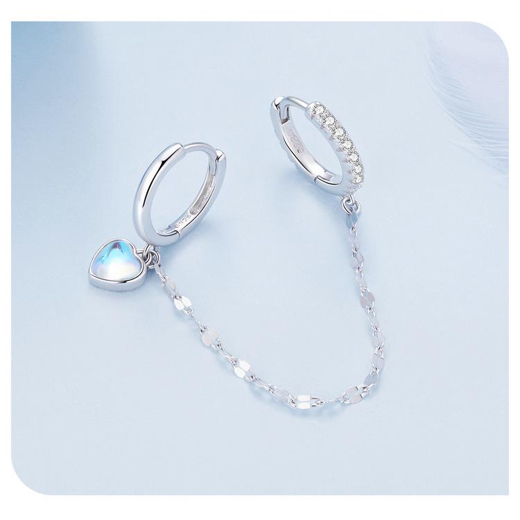 Avle Sterling Silver S925 Heart-Shaped Moonstone Chain Double Ear Cuff Earrings BSE809