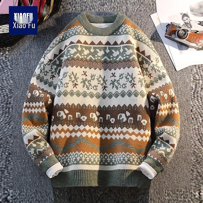 

Men s Retro Color Block Round Neck Pullover Sweater 2XL