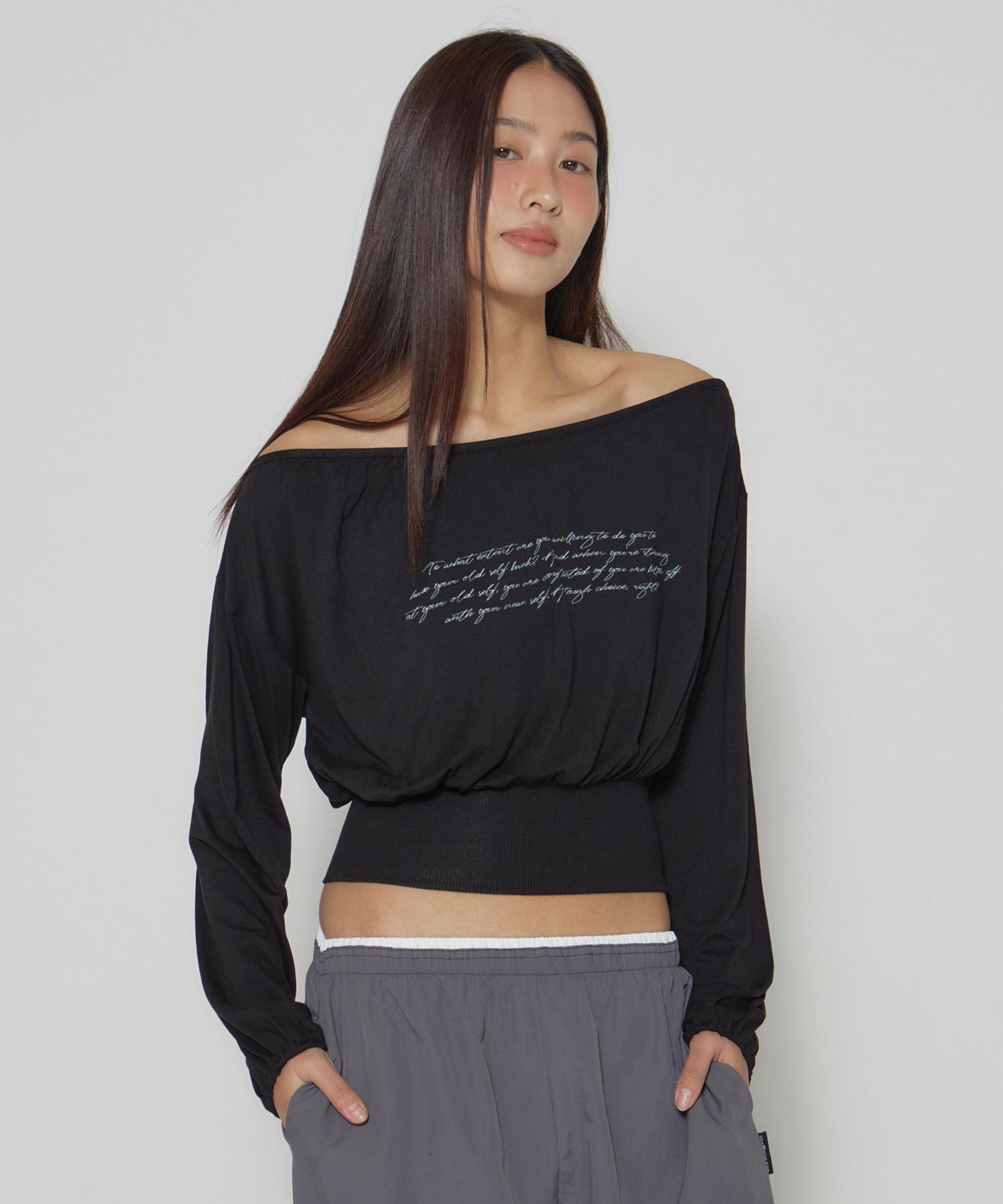 Dear Stalker Tina Shirring Boat-Neck Long-Sl T - Black Black/Free