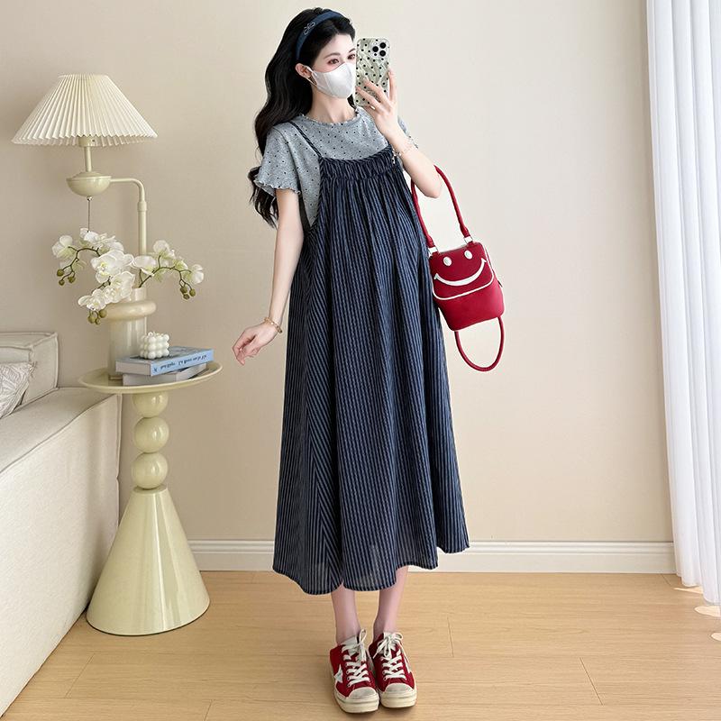 Korean Maternity Set: Polka Dot Cotton Tee + Striped Suspender Dress