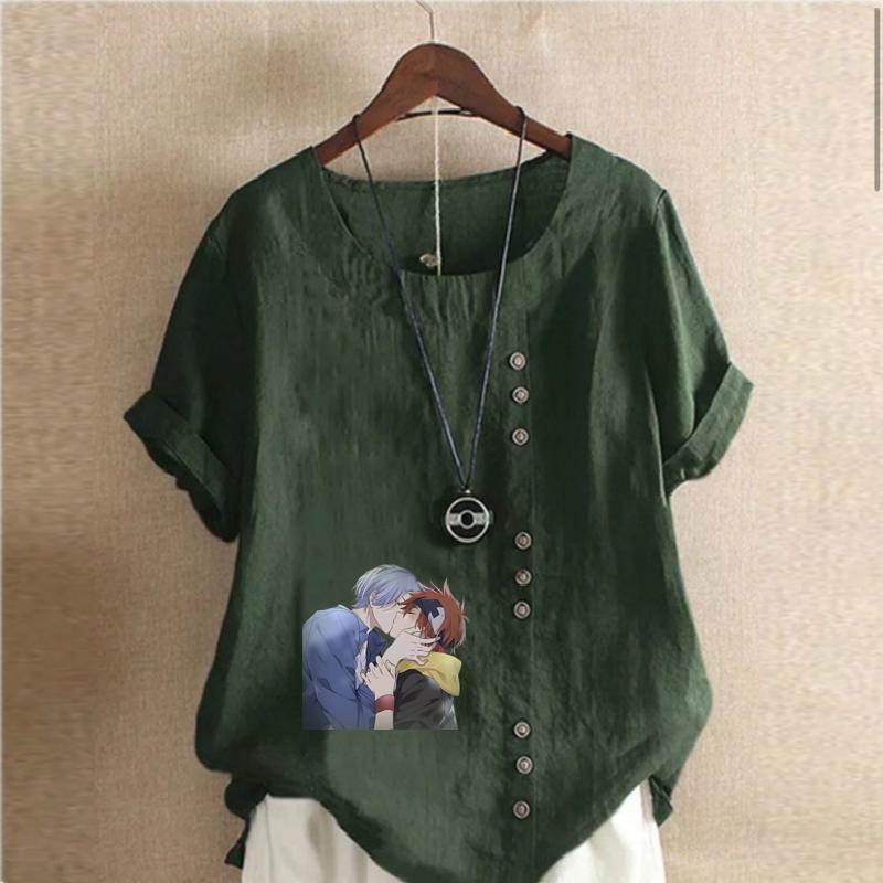 Moda Donna Maglietta Manica Corta Girocollo Stampata Coppia Carina Casual Cotone Lino Maglietta Grafica Tempo Libero Ampia Blusa Estiva Top