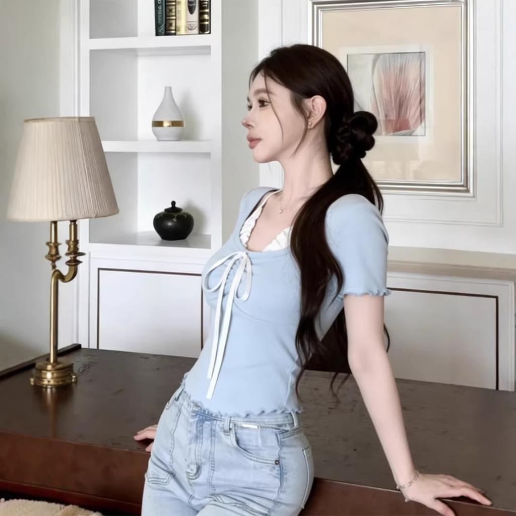 Sweet and spicy fake two-piece neck sling pleated lace-up short-sleeved T-shirt women's summer new Korean niche short top