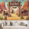 2D Rodeo Party Backdrop, Wild West Desert with Covered Wagons and Cactus Background