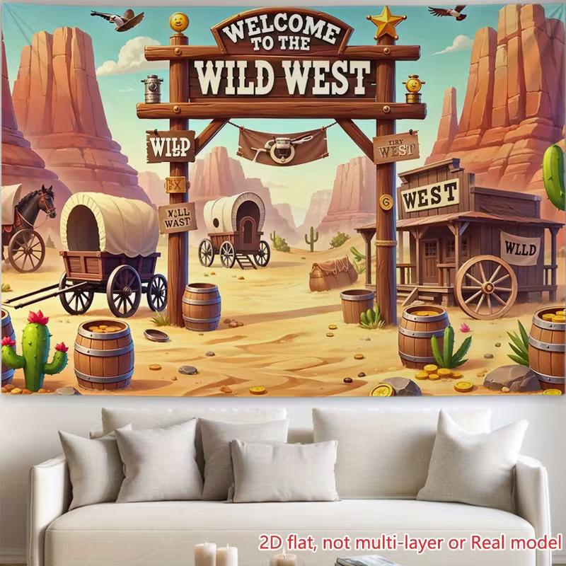 2D Rodeo Party Backdrop, Wild West Desert with Covered Wagons and Cactus Background