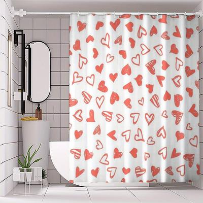 1pc Cute Red Heart-patterned Shower Curtain, Polyester Fabric, Machine Washable, with Hooks, Suitable for Bathroom Decoration.