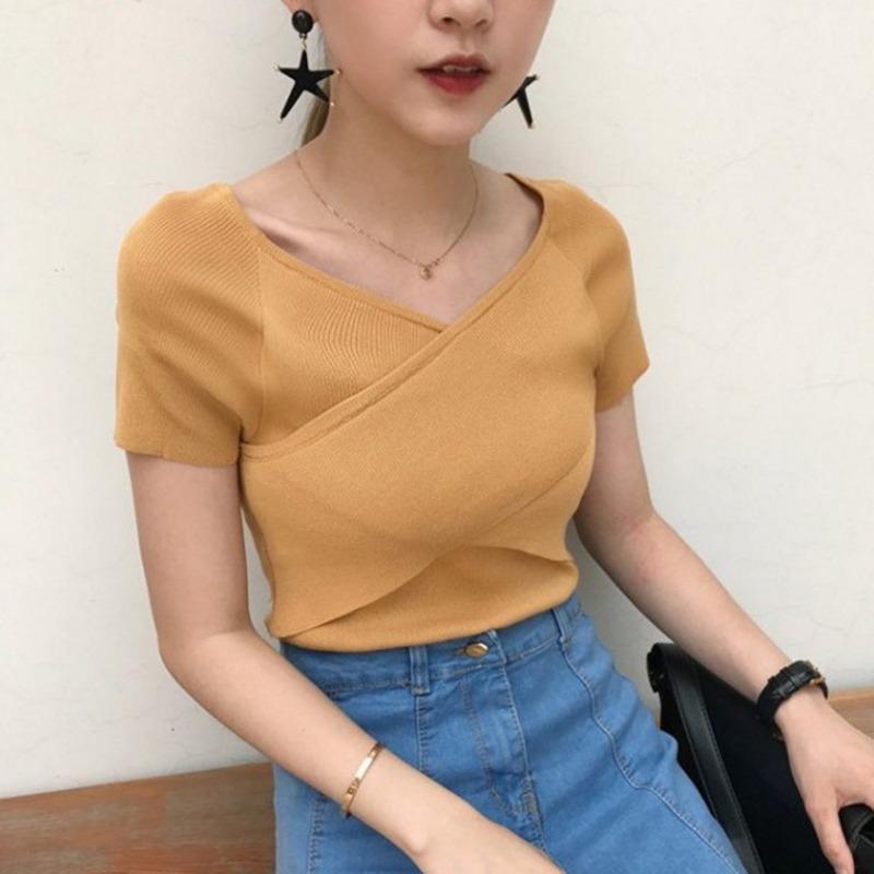 Women Fashion V-Neck Crisscross Tops Front Short Sleeve T-Shirt Sexy Slim Shirts