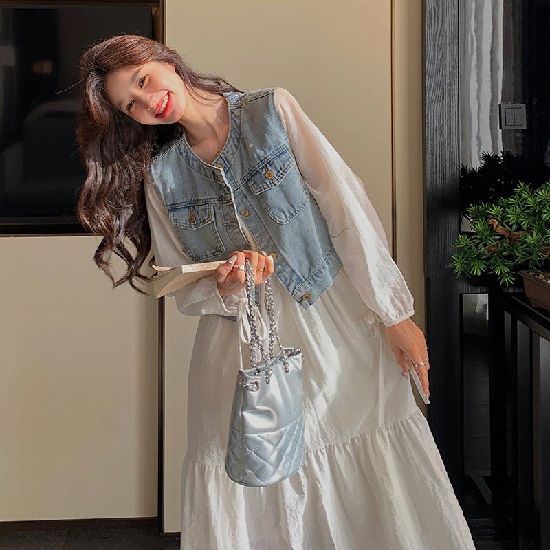 

2024 New White Denim Vest Dress: Fresh, Gentle Style, Women s Two-Piece Spring and Autumn Set M