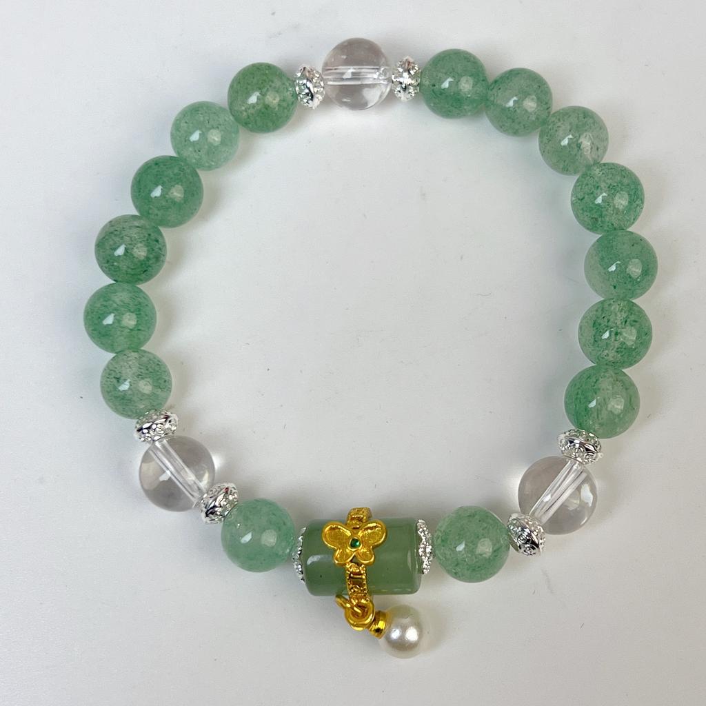 Women Natural Green Quartz Bead Bracelet Retro Gold Plated Pendant Bracelet Fashion Hand Ornament