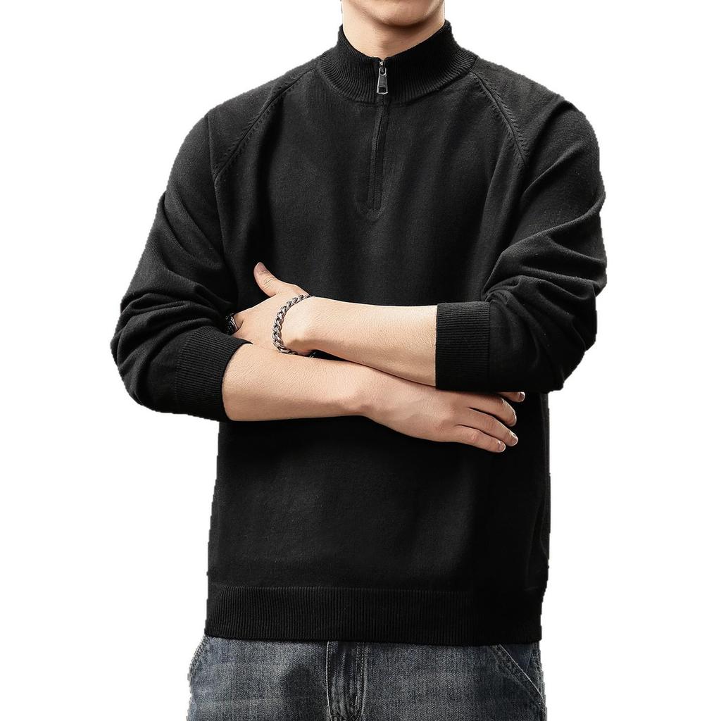 Men's High-End Half-Zip Stand Collar Knit Sweater - Autumn/Winter Korean Style Solid Color Casual Base Layer Top