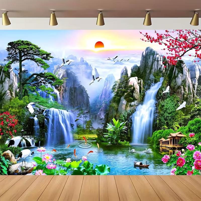 Chinese Feng Shui Waterfall Mountain Backdrop, Lucky Koi & Pine Tree Photography Background