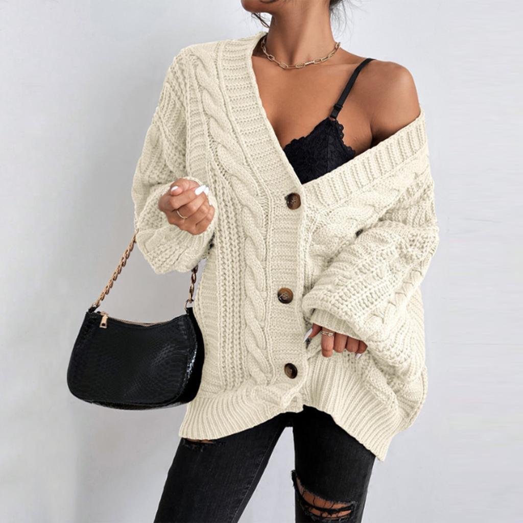 Women's Fashion Loose Cable-knitted Long Sleeve Cardigan Jacket