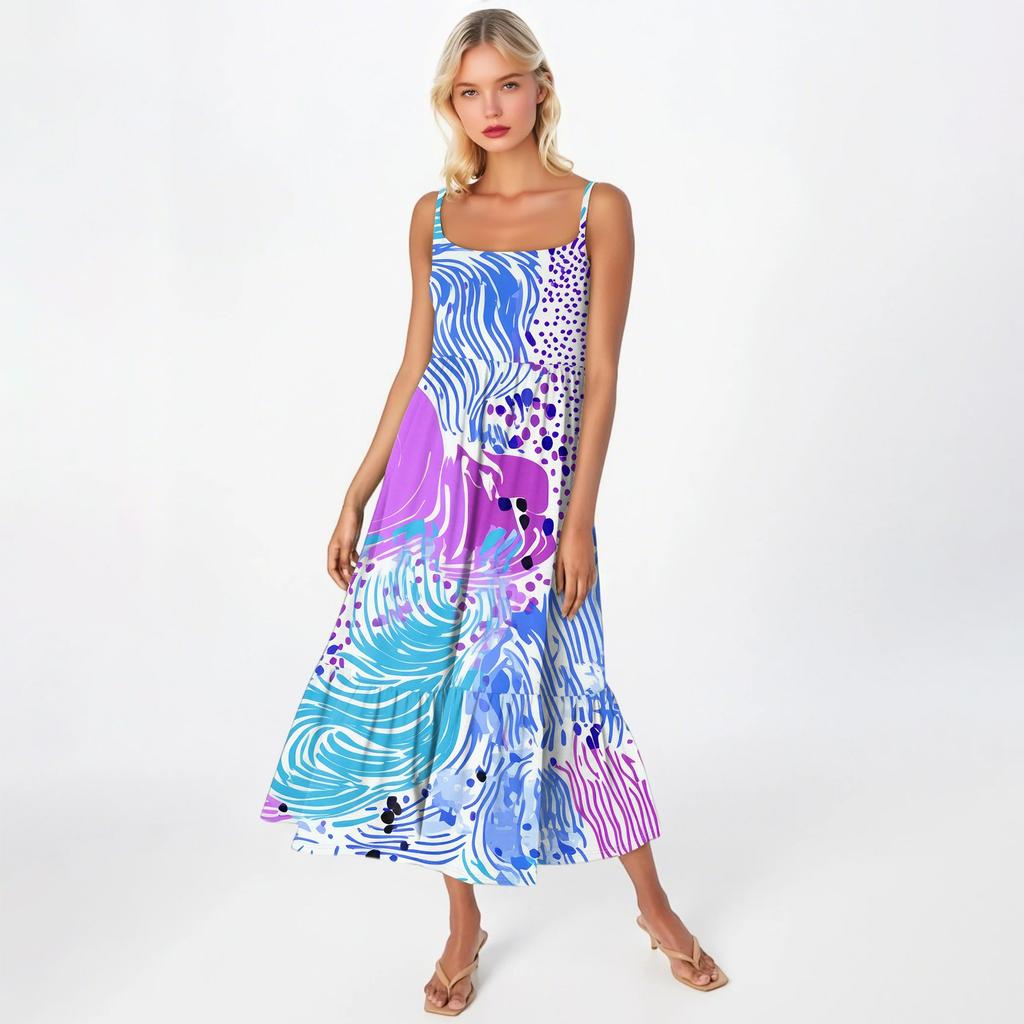 Damska Długa Plażowa Codzienna Elegancka Sukienka Maxi na Cienkich Ramiączkach, Szyta, Subtelna, Zwiewna Sukienka w Stylu Boho