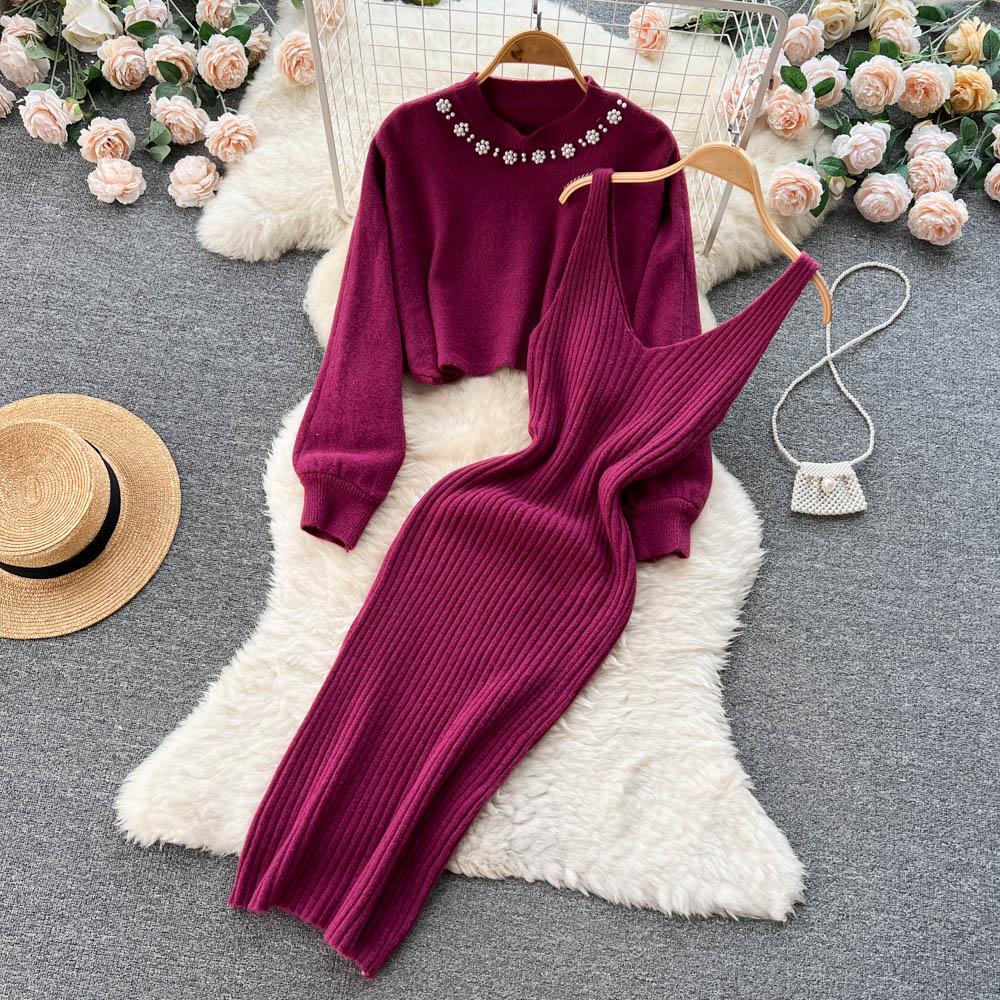 New Autumn Fashion Knitted 2 Piece Set Women Breading Long Sleeve Pearl Top+Knitted Camis Dress Female Sweater Suits 2026 Korea