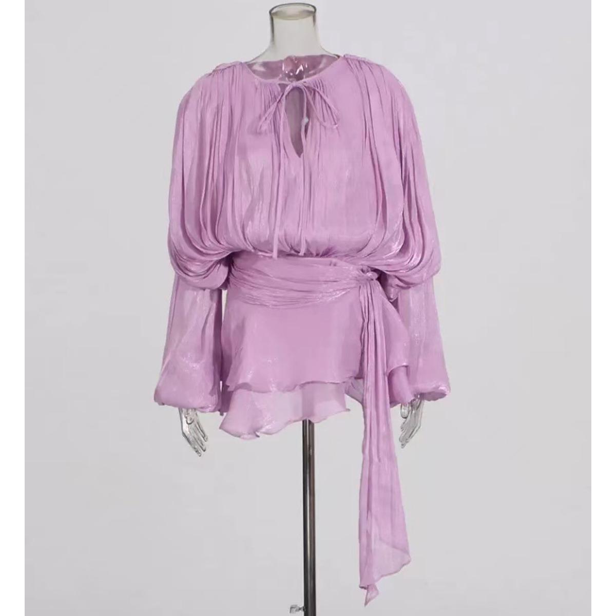 

Шикарні Скріплені На шнурівці Вільні Сексуальні Короткі Сукні для Жінок Круглий Виріз Довгий Рукав Мінімалістичні Волани Складки Сукня Жіноча Мода L лавандовий